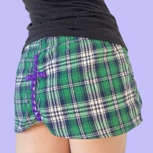 “Punk Prayer” Green Tartan & Purple Studded Mini Skirt by Cursed Kitty Clothing
